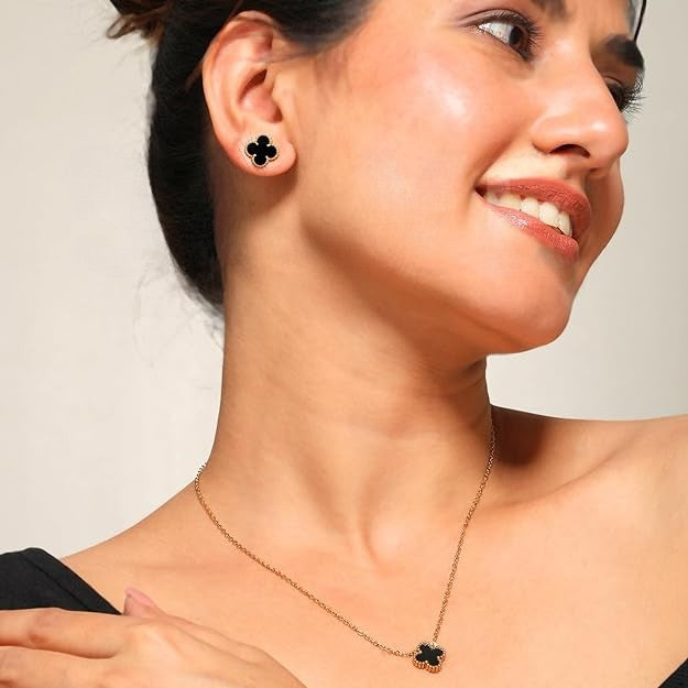 Black Clover Jewellery Set with Necklace and Earrings, 14K Gold Plated (With Gift Box)