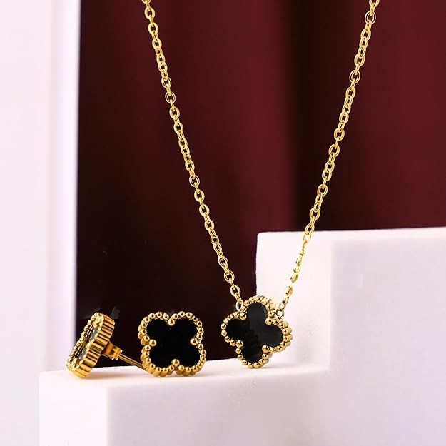Black Clover Jewellery Set with Necklace and Earrings, 14K Gold Plated (With Gift Box)