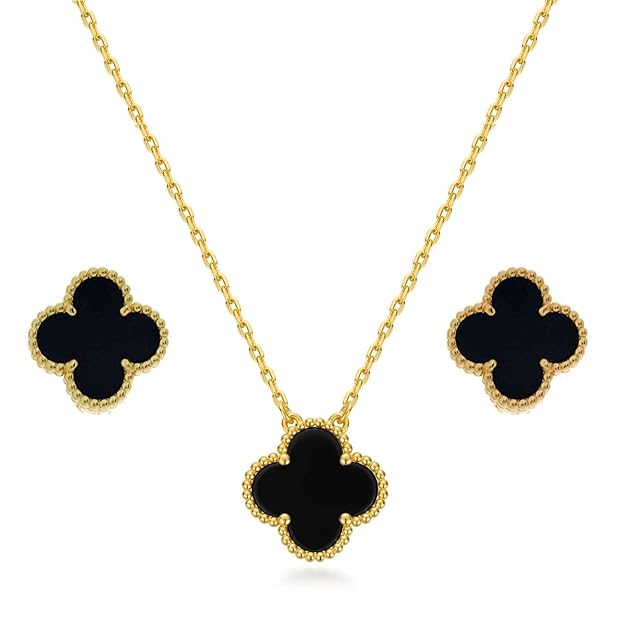 Black Clover Jewellery Set with Necklace and Earrings, 14K Gold Plated (With Gift Box)