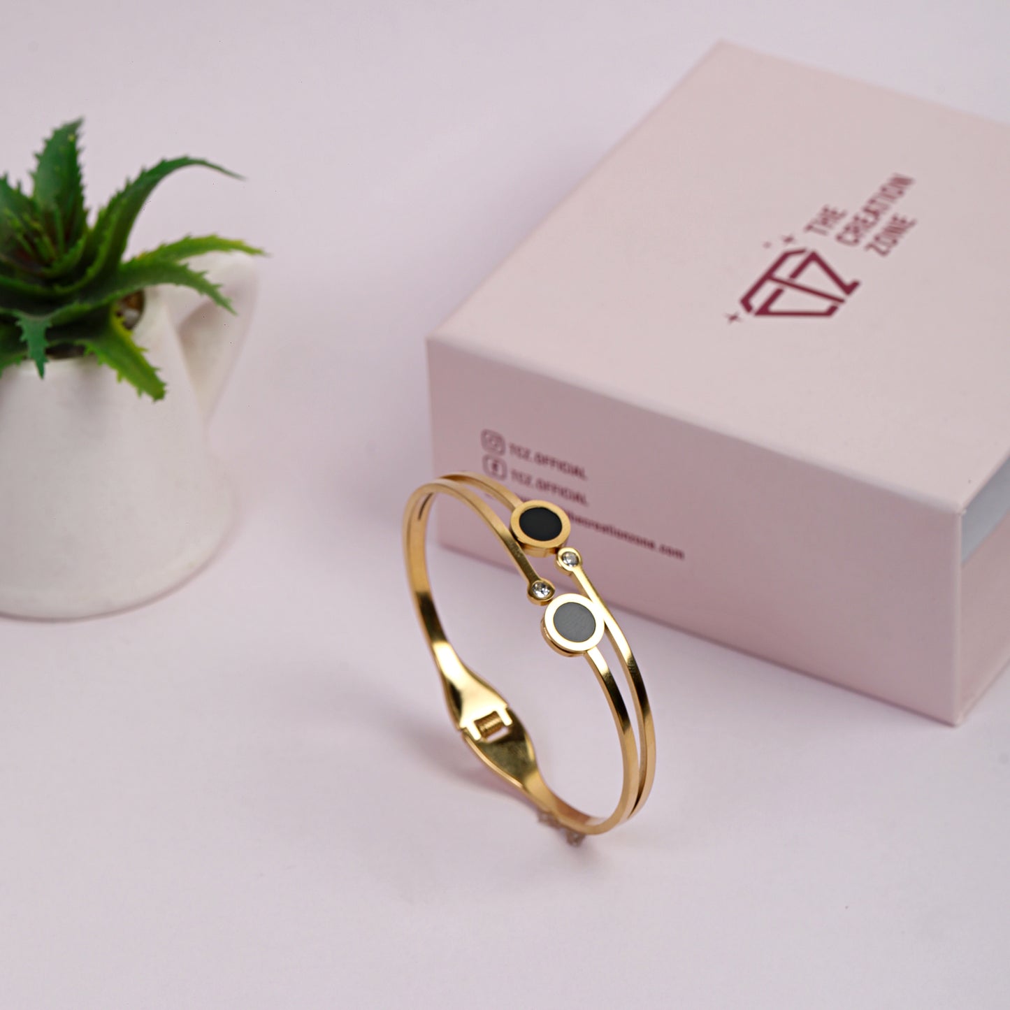 Elegant 14k Gold-Plated Bangle Bracelet, Double Circle Design with Black Enamel and Crystal Accents