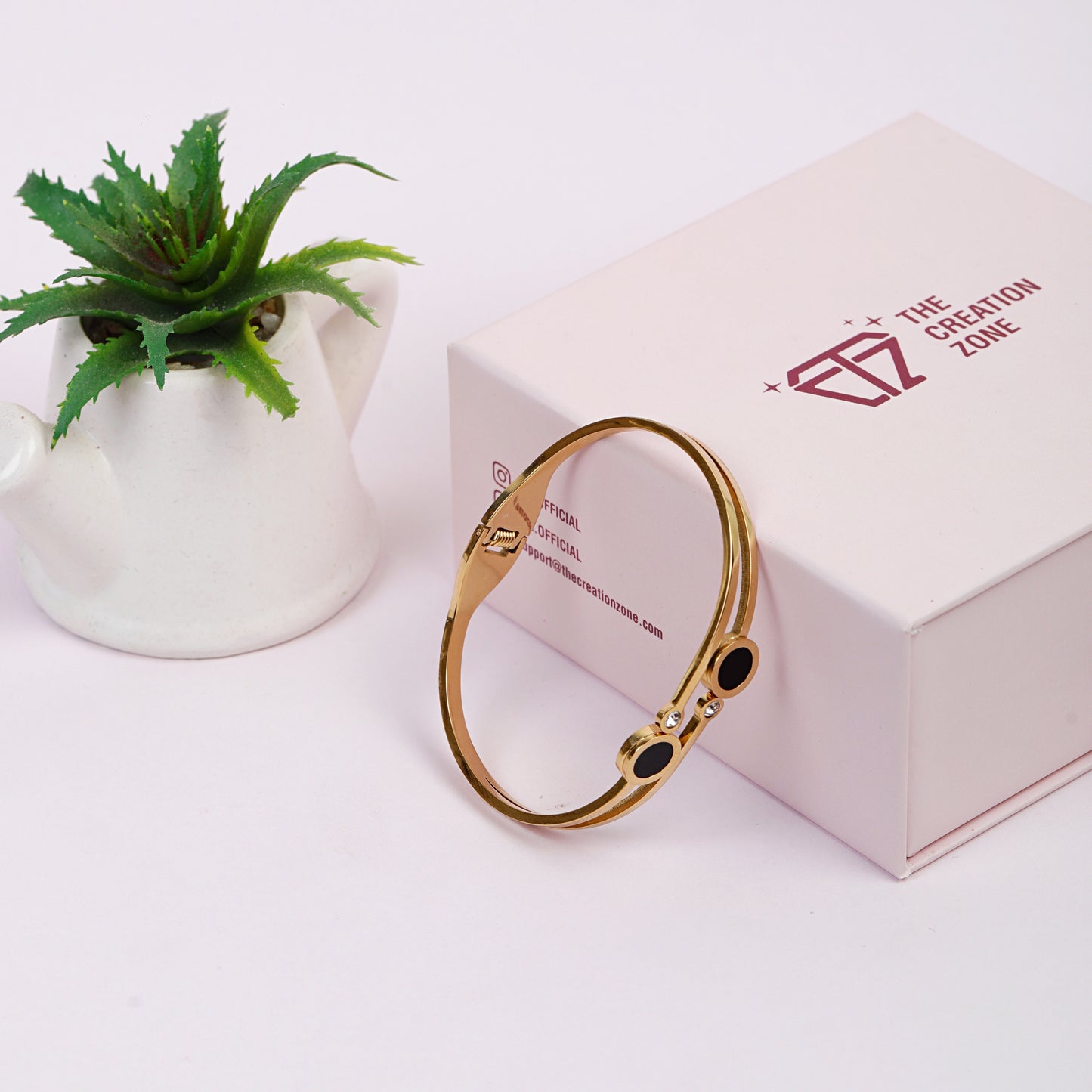 Elegant 14k Gold-Plated Bangle Bracelet, Double Circle Design with Black Enamel and Crystal Accents