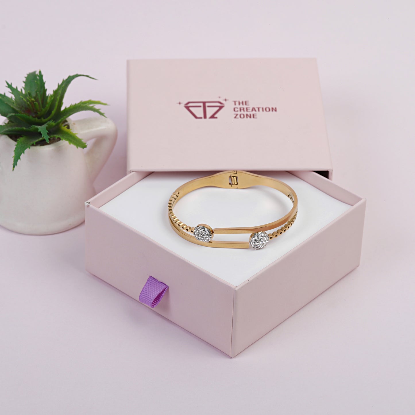 Crystal-Studded 14k Gold Bangle Bracelet, Open-End Design with Double Rhinestone Discs