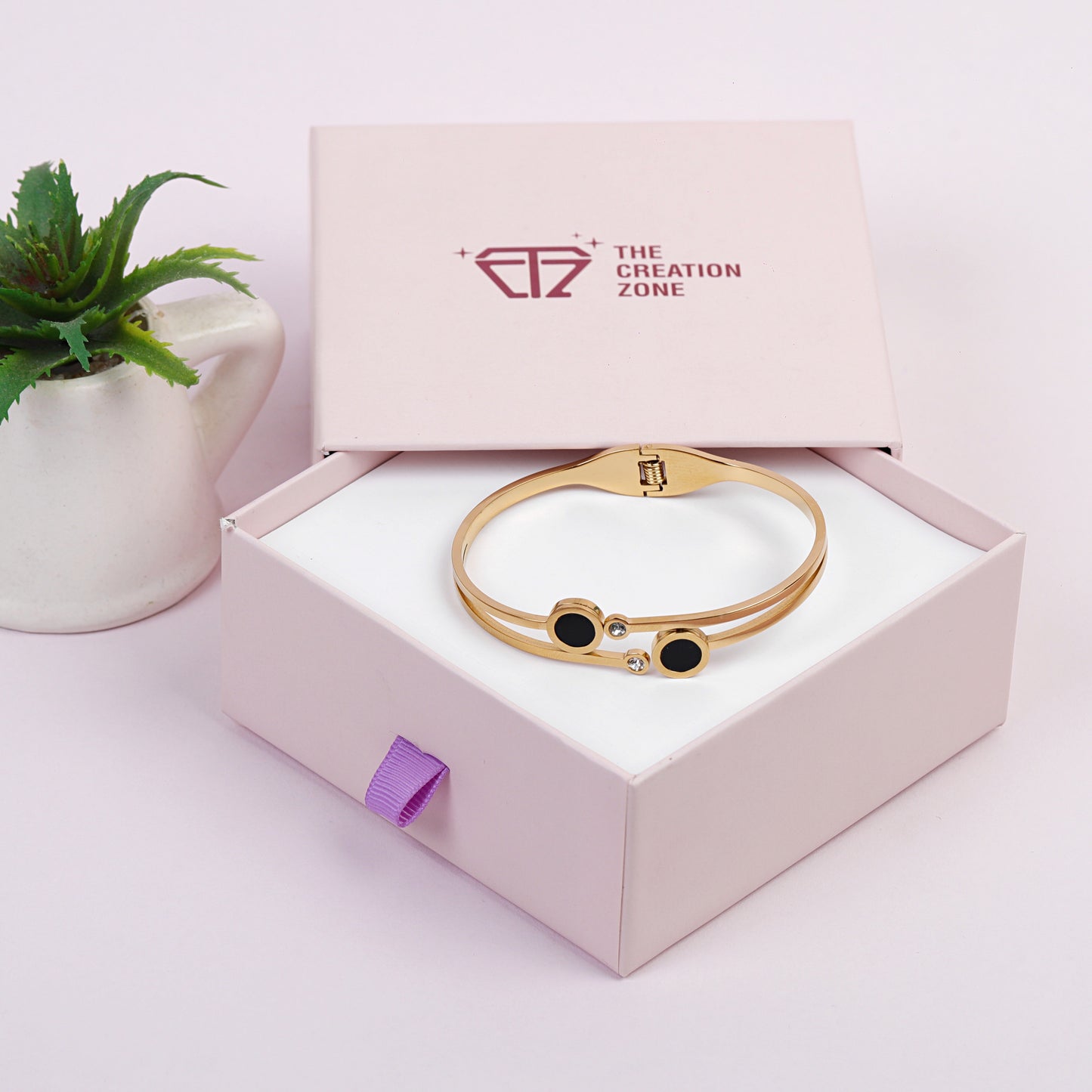Elegant 14k Gold-Plated Bangle Bracelet, Double Circle Design with Black Enamel and Crystal Accents