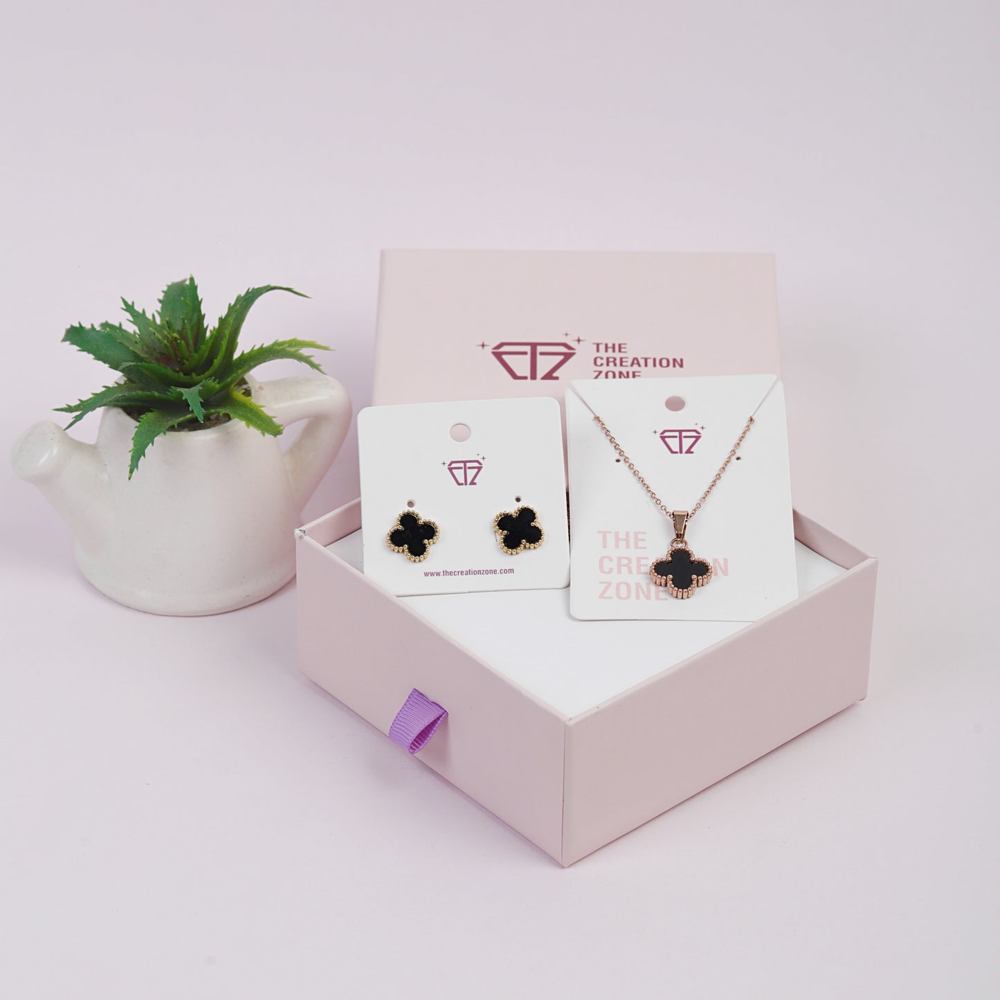 Black Clover Jewellery Set with Necklace and Earrings, 14K Gold Plated (With Gift Box)