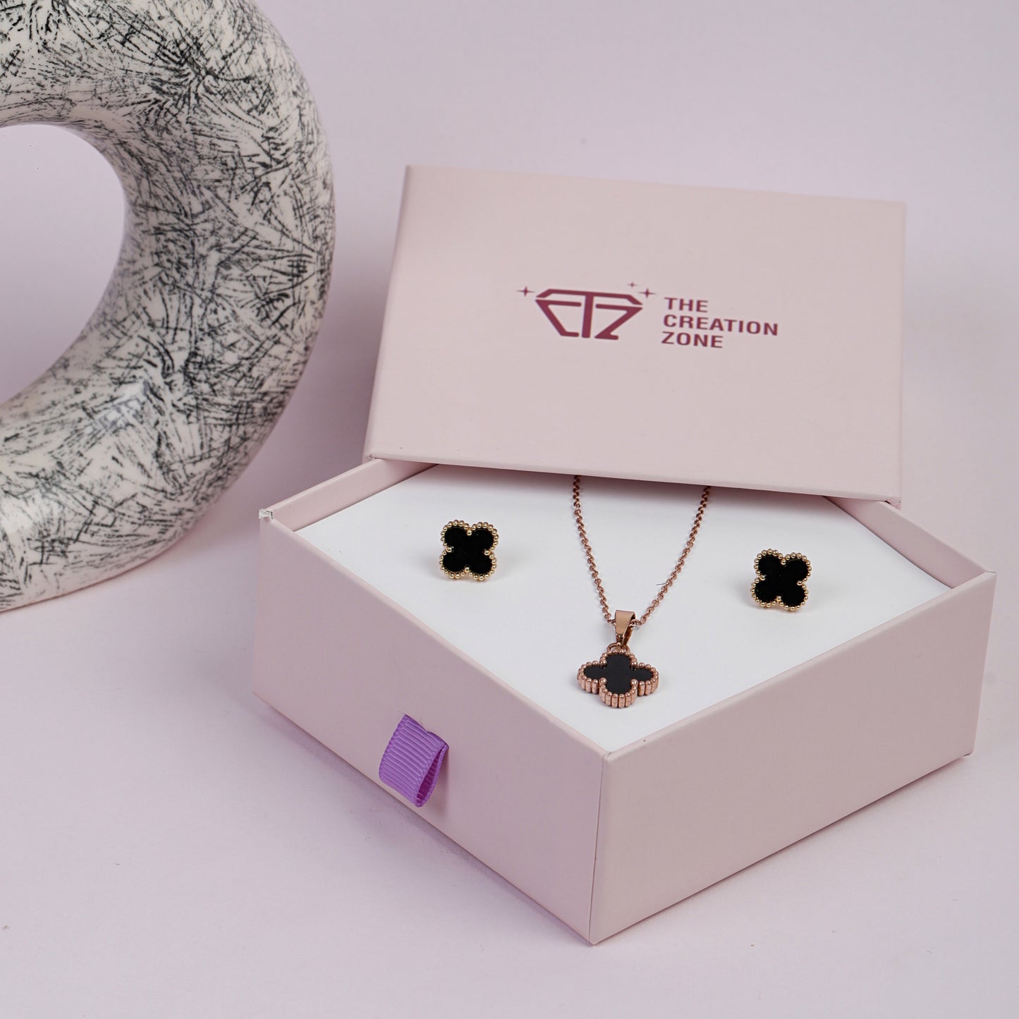Black Clover Jewellery Set with Necklace and Earrings, 14K Gold Plated (With Gift Box)