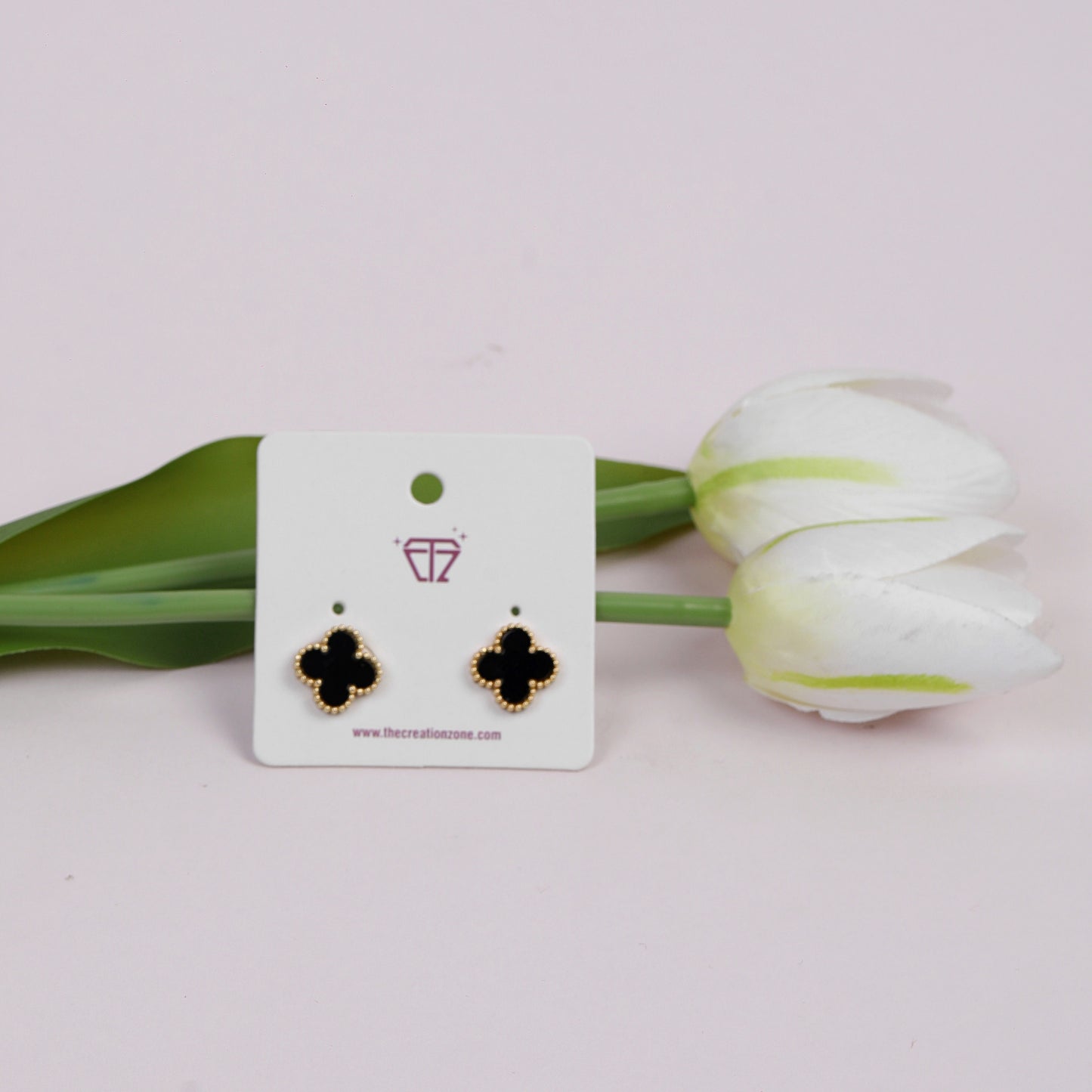 Elegant Clover-Shaped Stud Earrings, Black with 14k Gold-Tone