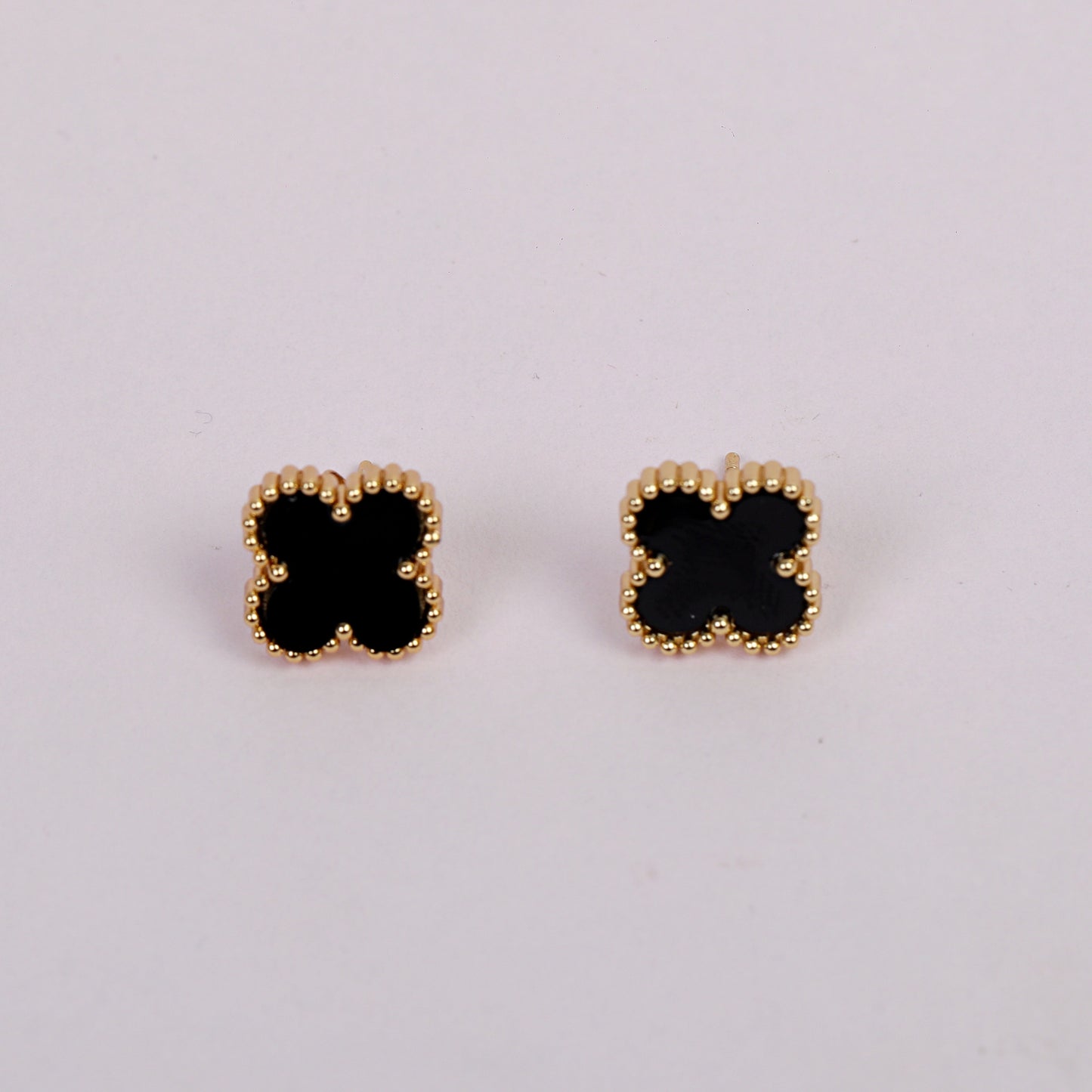 Elegant Clover-Shaped Stud Earrings, Black with 14k Gold-Tone