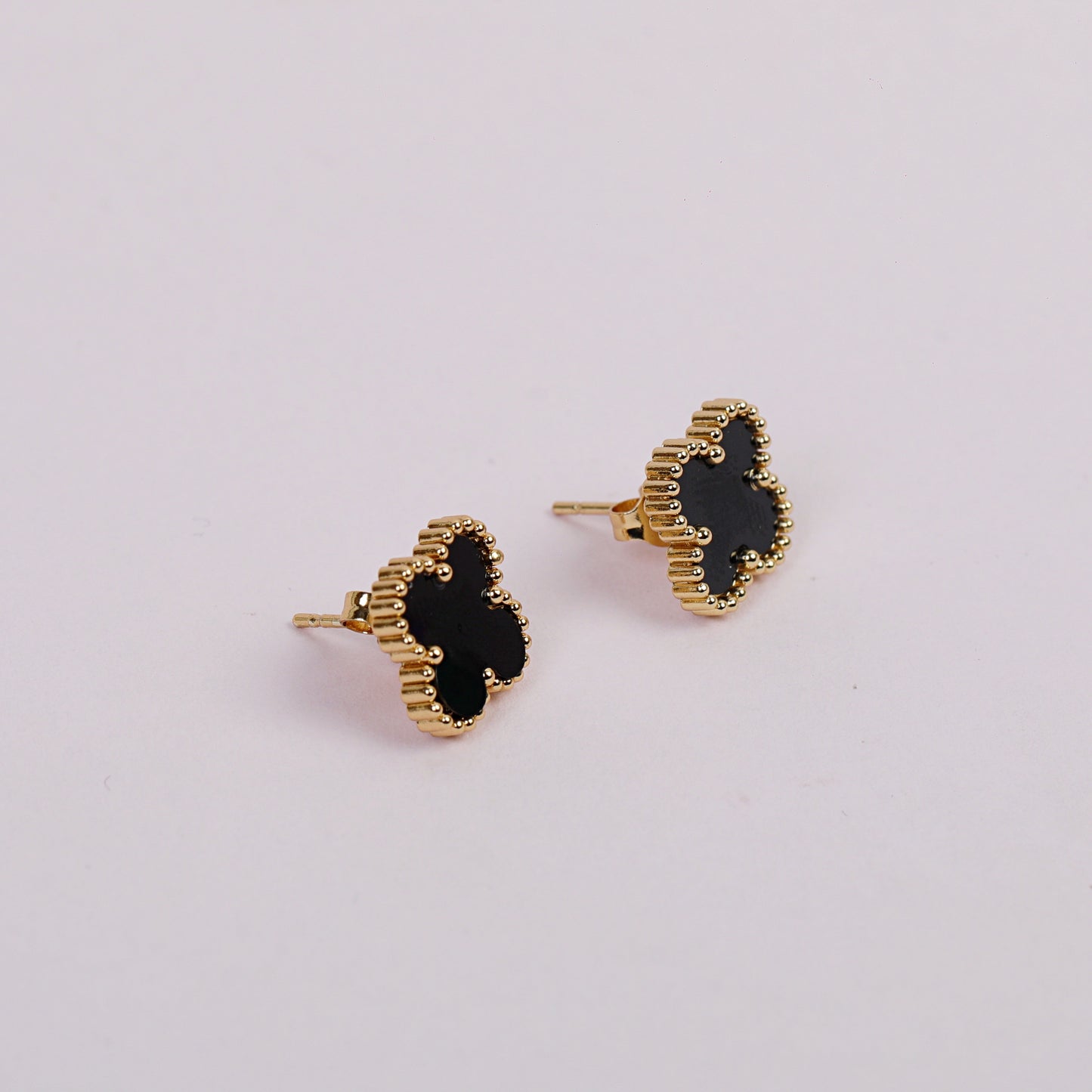 Elegant Clover-Shaped Stud Earrings, Black with 14k Gold-Tone