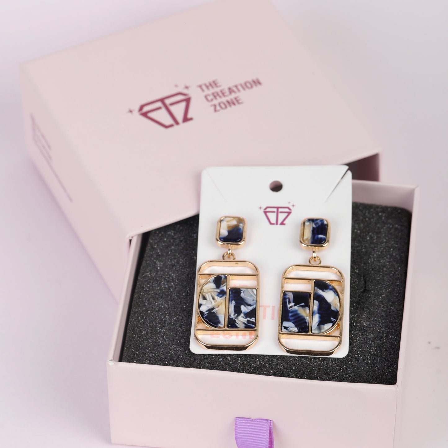 Geometric Drop Earrings, Navy Blue and White Marble Effect, 14k Gold-Tone Metal Frame