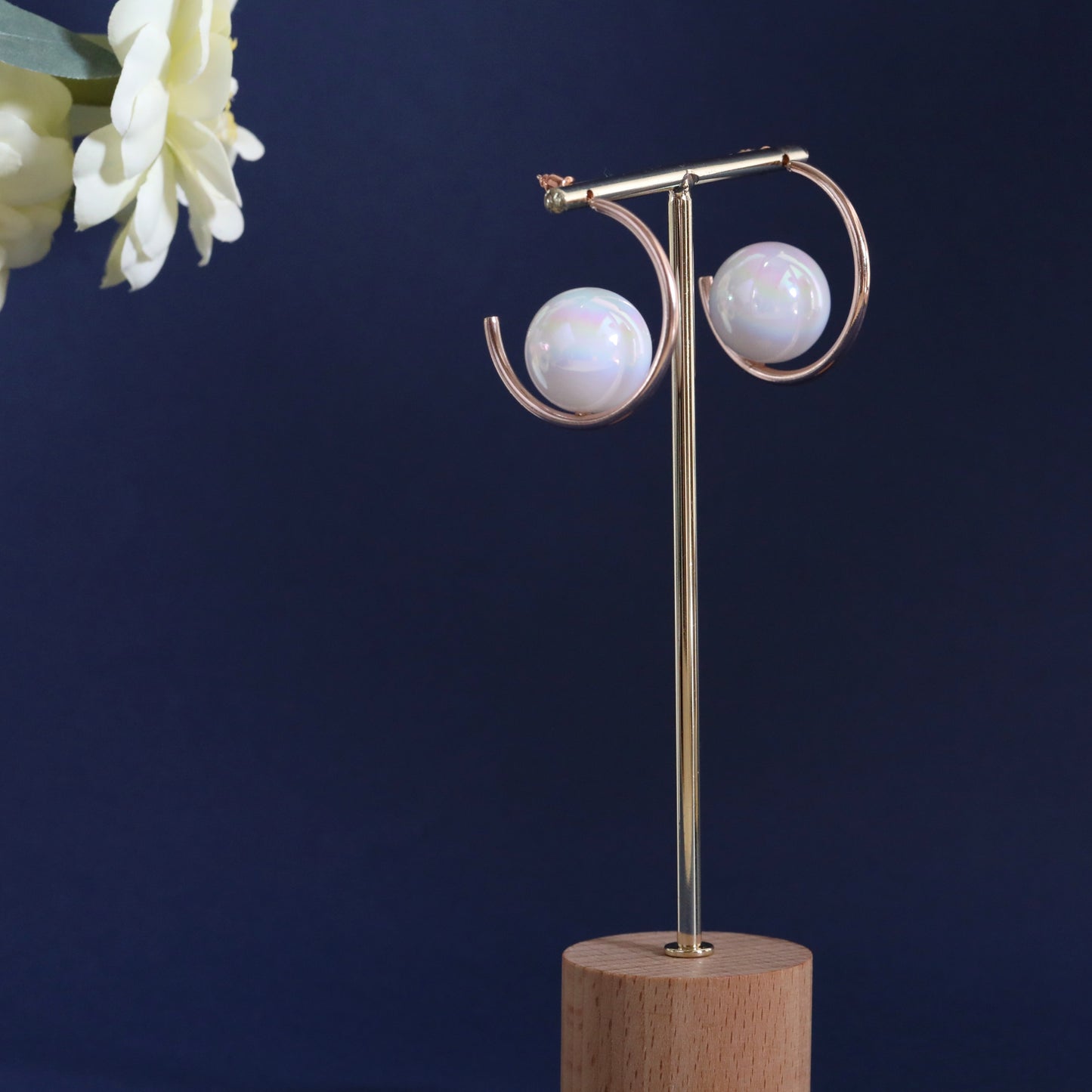 Pearl Hoop Earrings, Rose Gold Plated, White Iridescent