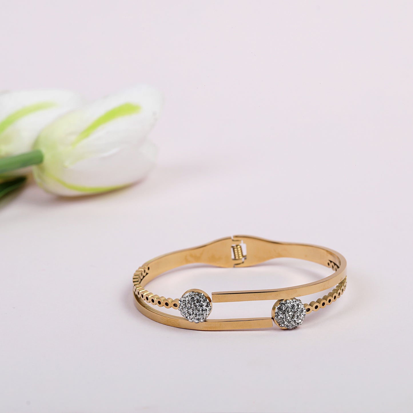 Crystal-Studded 14k Gold Bangle Bracelet, Open-End Design with Double Rhinestone Discs