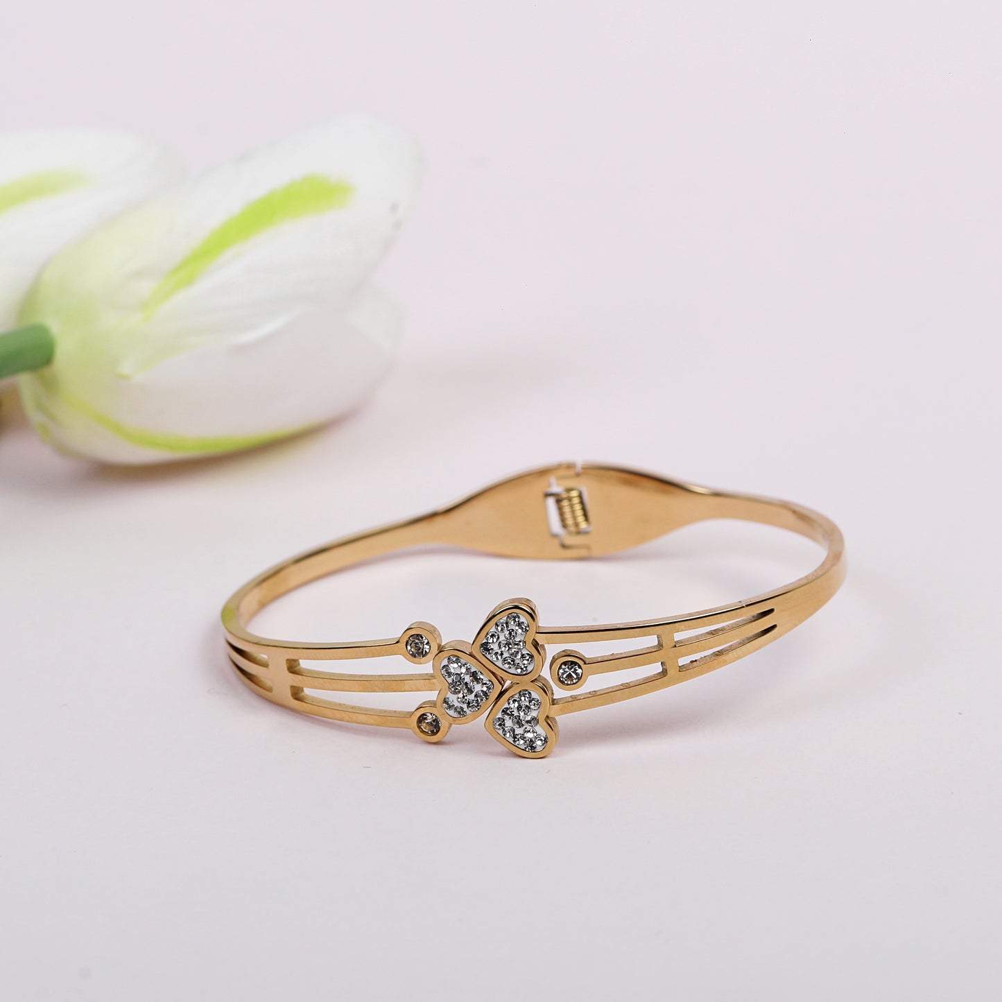 Crystal Heart Bangle Bracelet, 14k Gold-Plated with Rhinestones, Double Heart Design