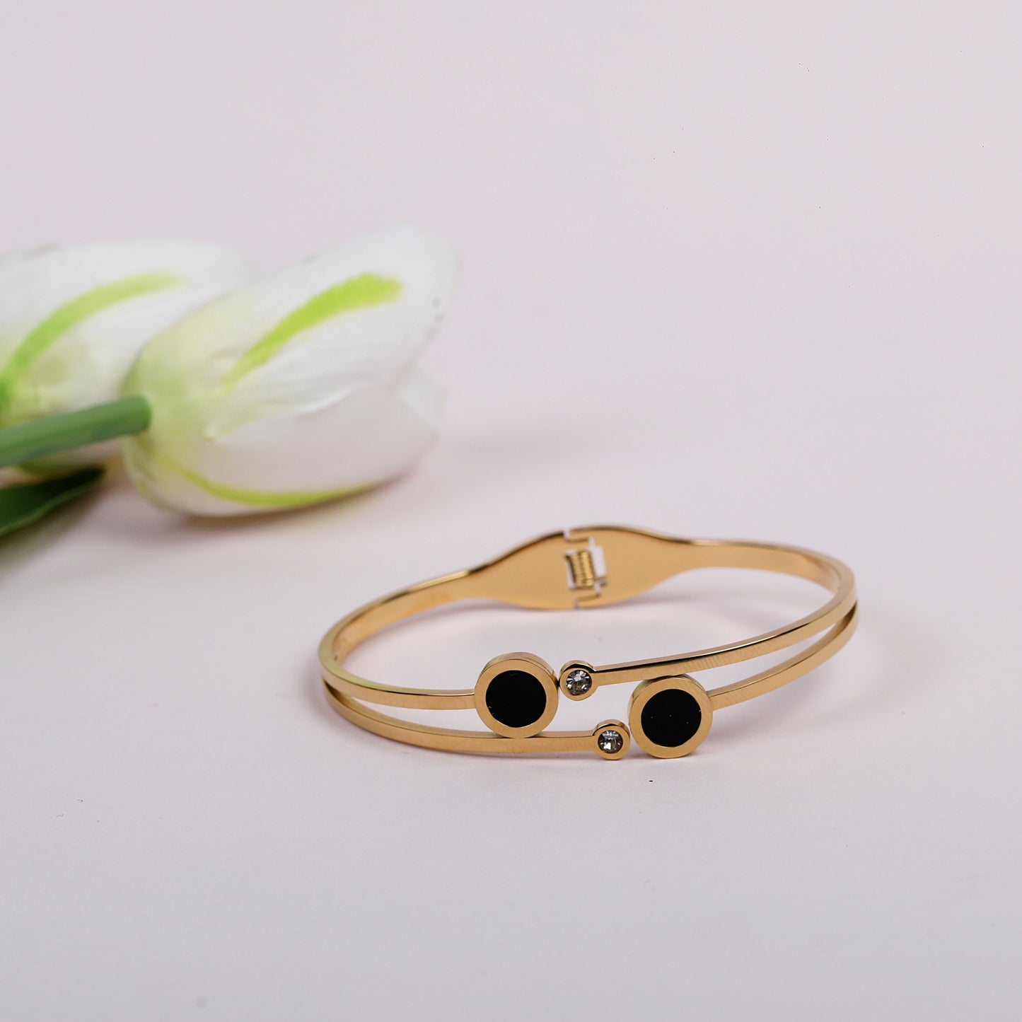 Elegant 14k Gold-Plated Bangle Bracelet, Double Circle Design with Black Enamel and Crystal Accents