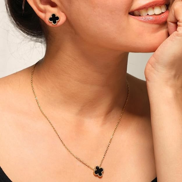 Black Clover Jewellery Set with Necklace and Earrings, 14K Gold Plated (With Gift Box)