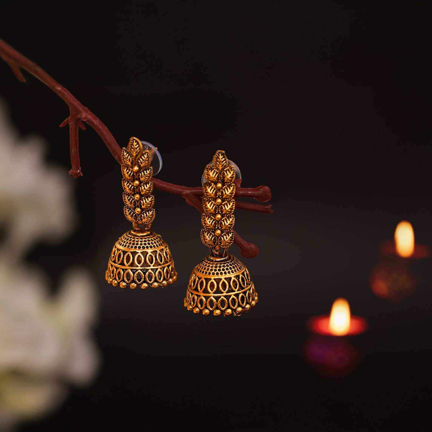 Antique Gold Jhumki Earrings with Intricate Ghungroo Design