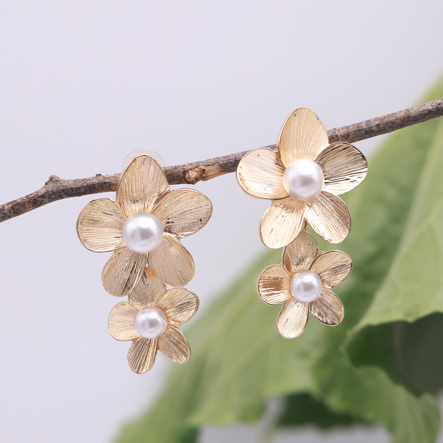 Floral Earrings with Pearl Accents, 14K Gold-Plated