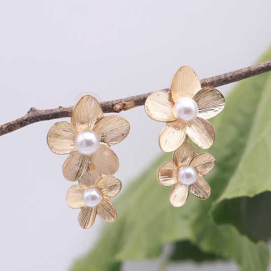 Floral Earrings with Pearl Accents, 14K Gold-Plated