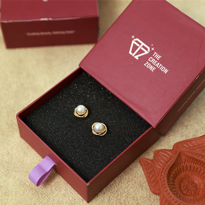 Pearl Stud Earrings, Gold-Plated Round Frame, Elegant Design