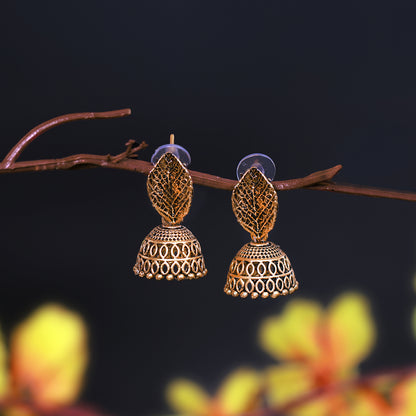 Antique Gold Jhumki Earrings with Intricate Filigree Design