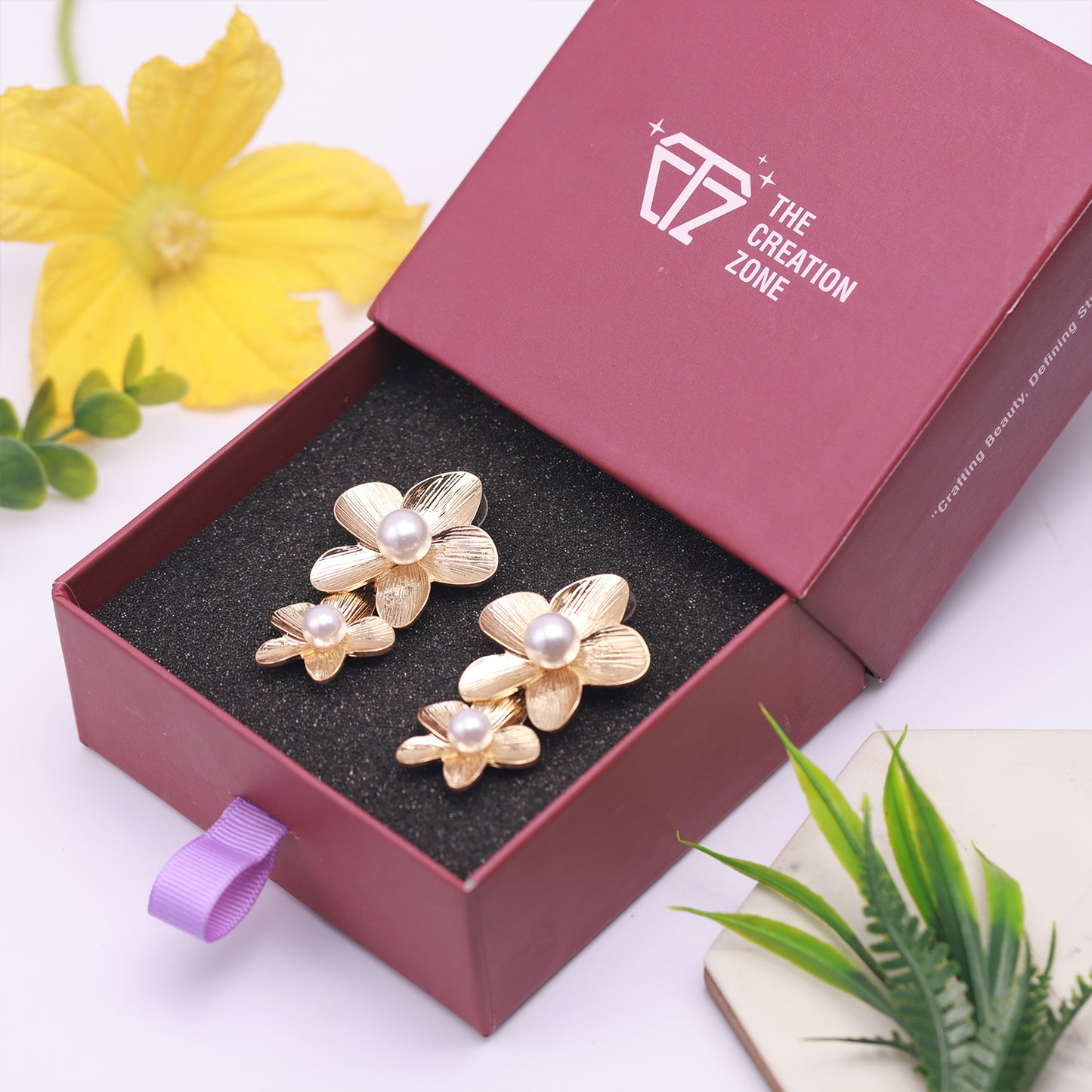 Floral Earrings with Pearl Accents, 14K Gold-Plated