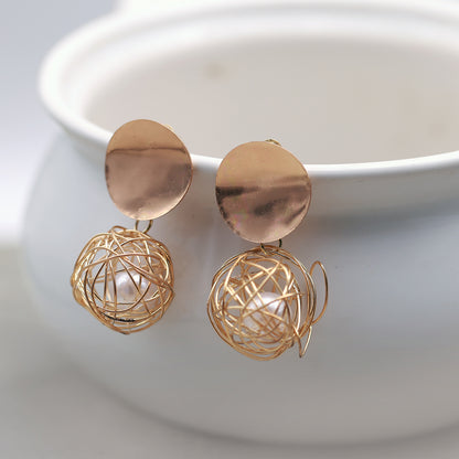 Gold-Toned Spherical Dangle Earrings with Wire Cage Design