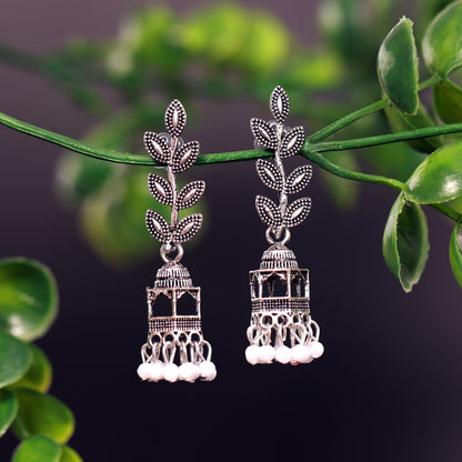 Silver Jhumka Earrings with Leaf Motifs and Pearl Dangles