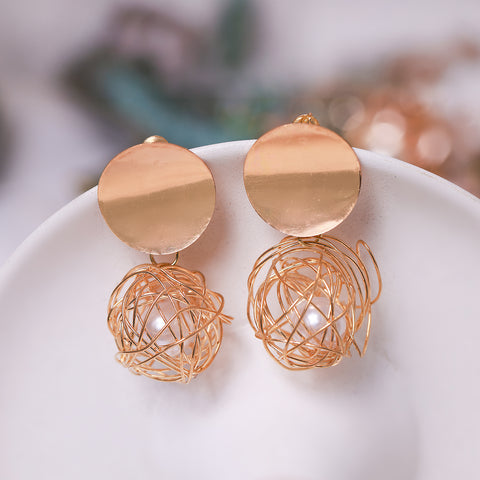 Gold-Toned Spherical Dangle Earrings with Wire Cage Design