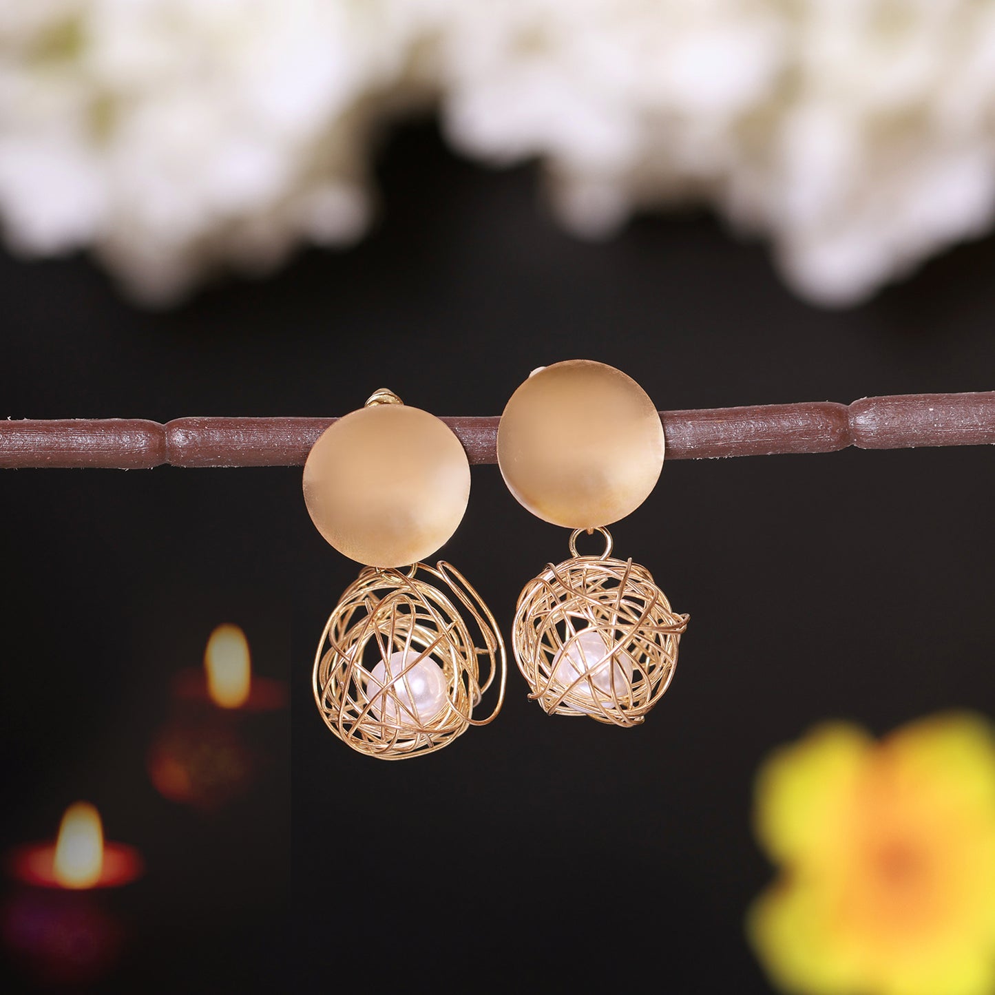 Gold-Toned Spherical Dangle Earrings with Wire Cage Design