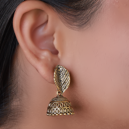 Antique Gold Jhumki Earrings with Intricate Filigree Design