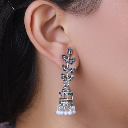 Silver Jhumka Earrings with Leaf Motifs and Pearl Dangles