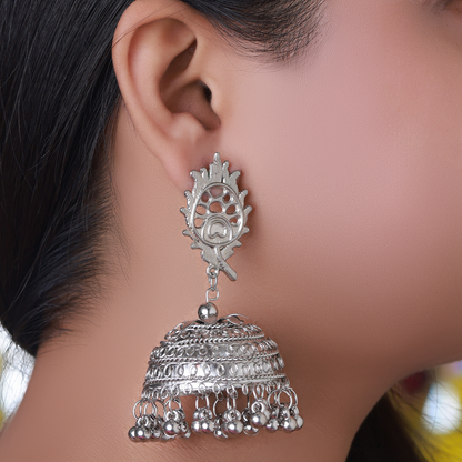 Silver Jhumka Earrings with Intricate Carvings & Ghungroo Danglers