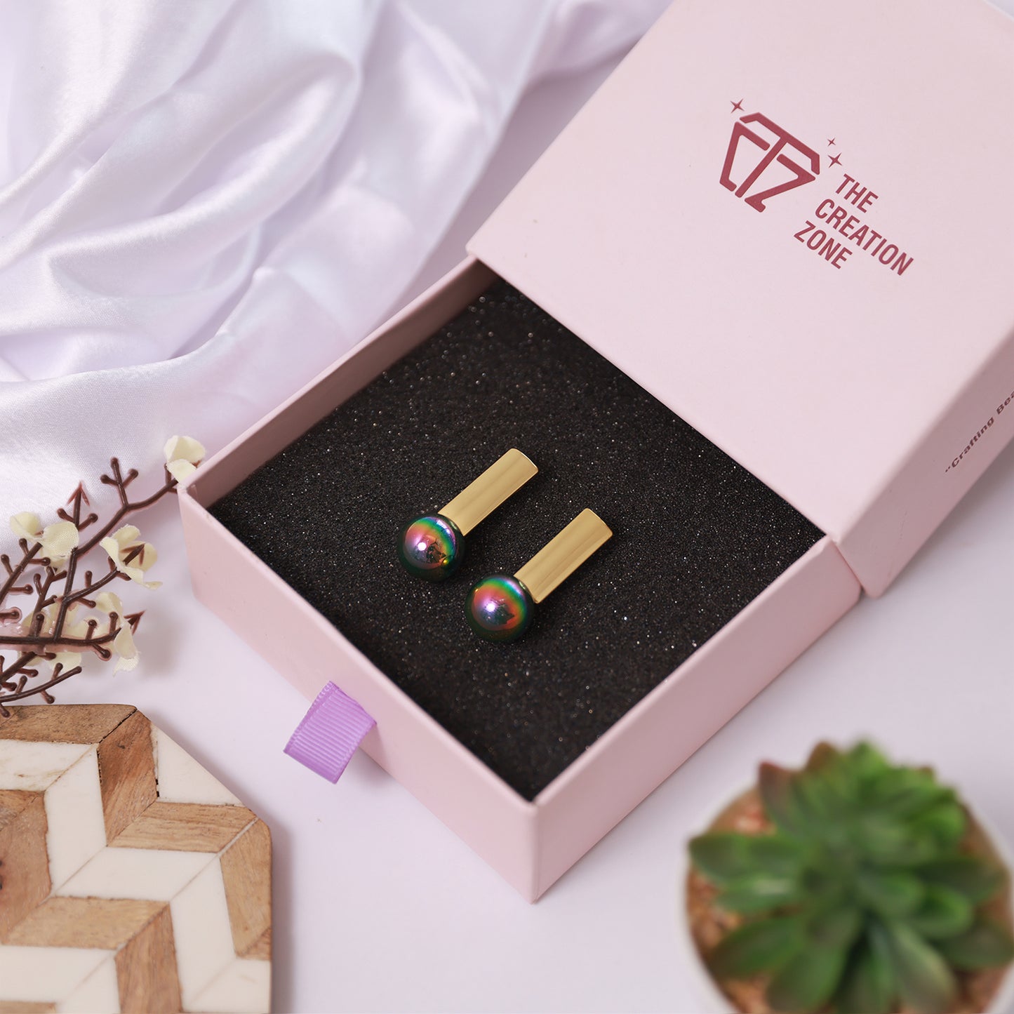 Stylish Stud Earrings with Rainbow Beads, Gold Plated