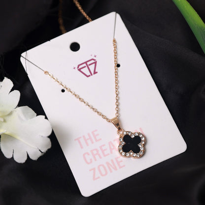 Rose Gold Necklace with Clover Pendant Studded with Black and White Crystals