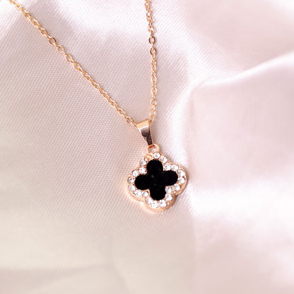 Rose Gold Necklace with Clover Pendant Studded with Black and White Crystals