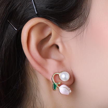 Pearl and Green Stone Stud Korean Earrings in 14K Gold (2 in 1 Design)