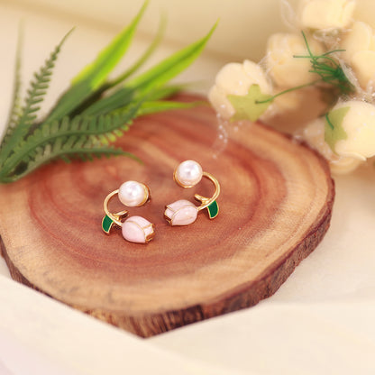 Pearl and Green Stone Stud Korean Earrings in 14K Gold (2 in 1 Design)