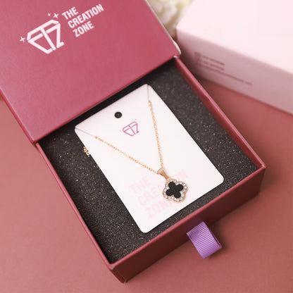 Rose Gold Necklace with Clover Pendant Studded with Black and White Crystals