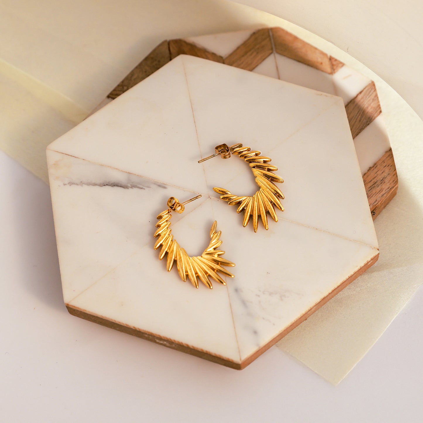 Gold-Tone Spike Hoop Earrings, Geometric Design (14K Gold Plated)