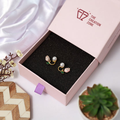 Pearl and Green Stone Stud Korean Earrings in 14K Gold (2 in 1 Design)