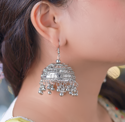 Elegant Silver Jhumka Earrings with Dangling Balls