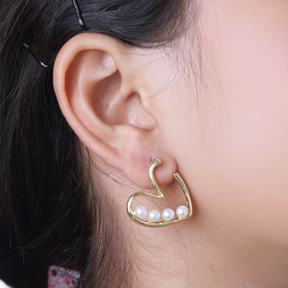 Pearl Studded Heart Shaped Earrings, Gold Plated