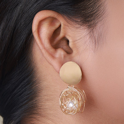 Gold-Toned Spherical Dangle Earrings with Wire Cage Design