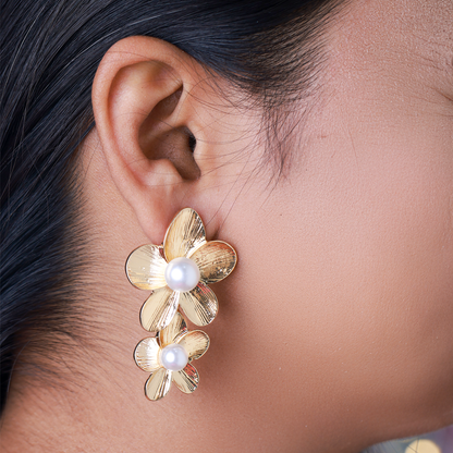 Floral Earrings with Pearl Accents, 14K Gold-Plated