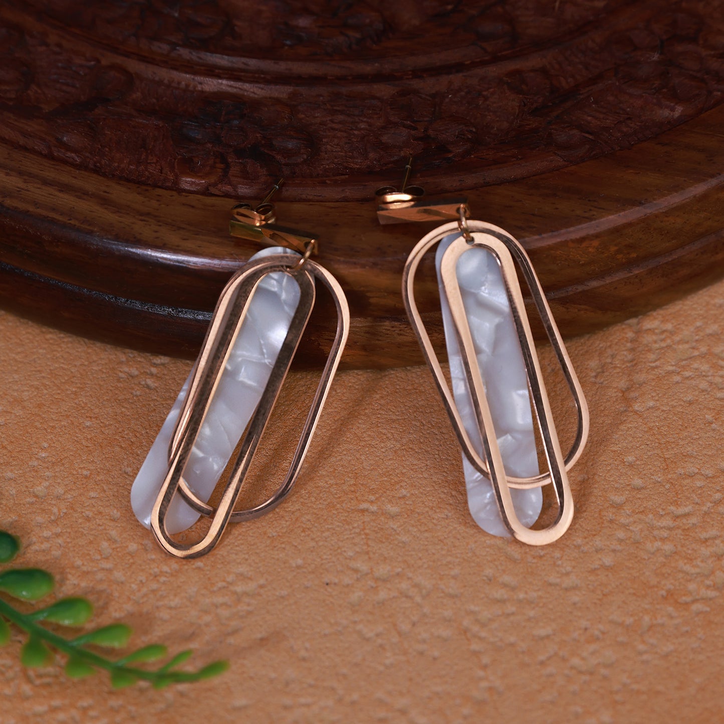 Oval Shaped Dangle Earrings with Metal Rim