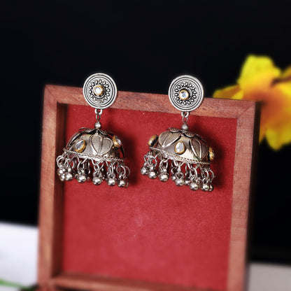 Silver Jhumka Earrings with Ghungroo Danglers & Kundan Work