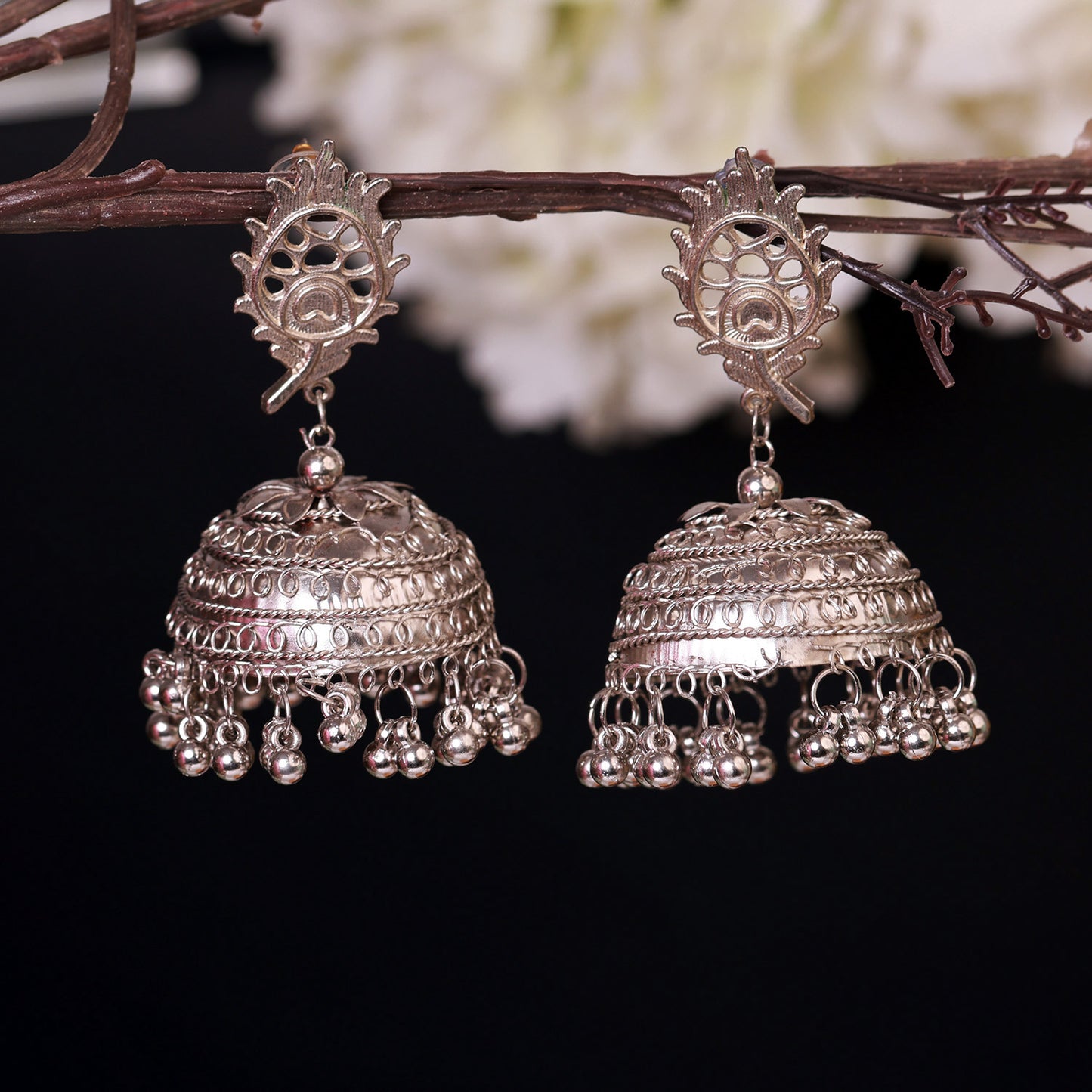 Silver Jhumka Earrings with Intricate Carvings & Ghungroo Danglers