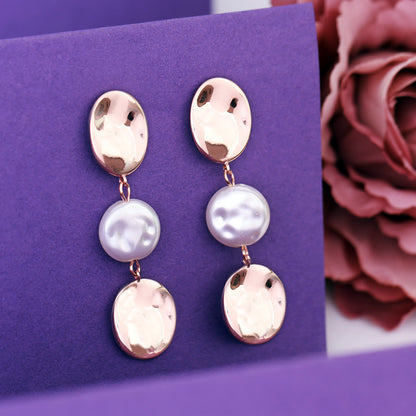 Elegant Pearl Drop Earring, Rose Gold-Tone Metal & White Pearl