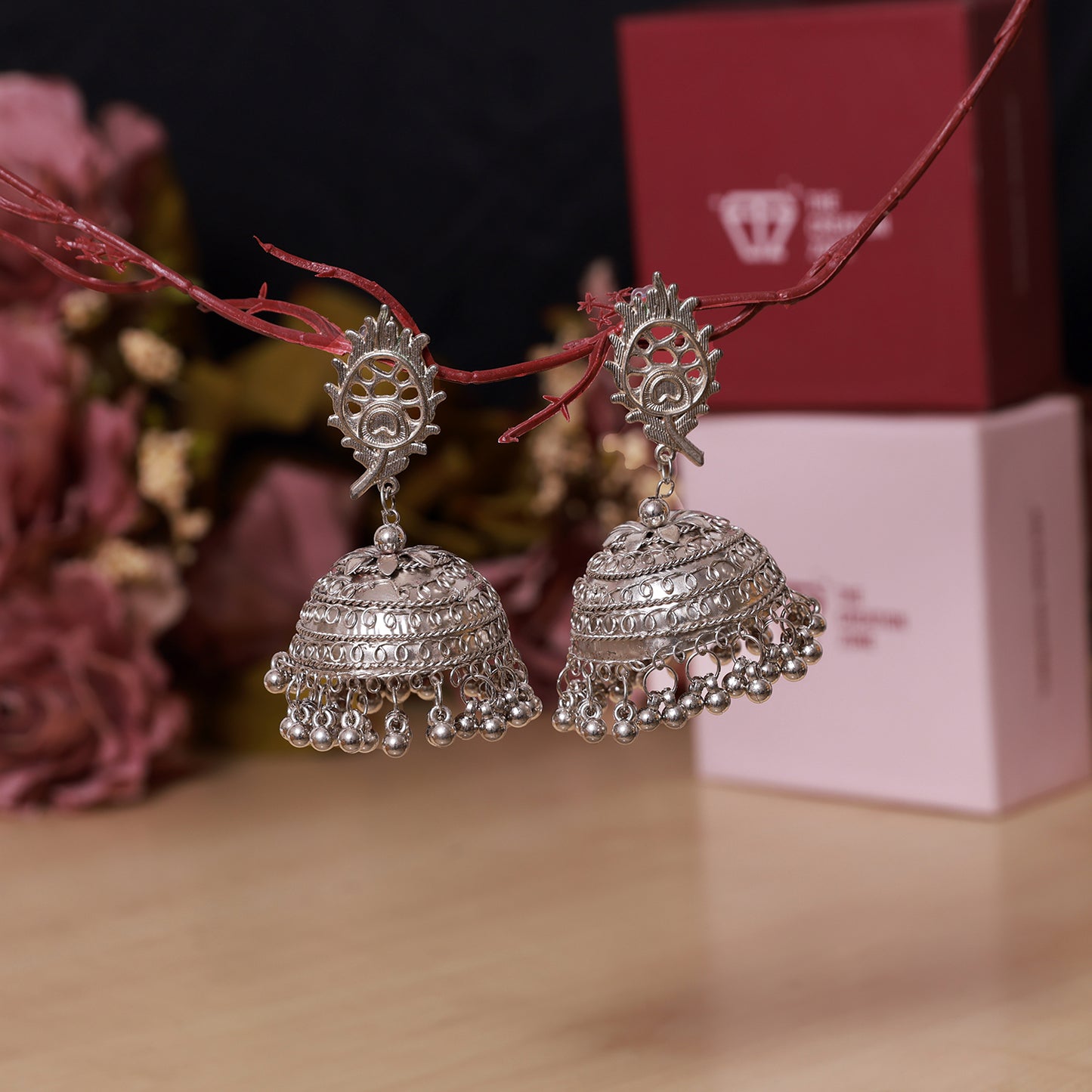 Silver Jhumka Earrings with Intricate Carvings & Ghungroo Danglers