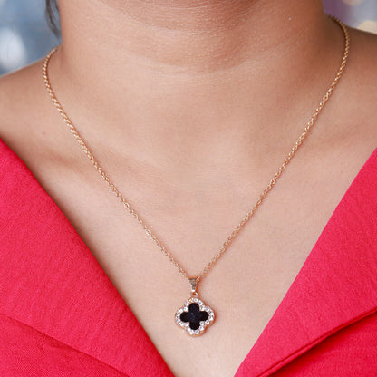 Rose Gold Necklace with Clover Pendant Studded with Black and White Crystals