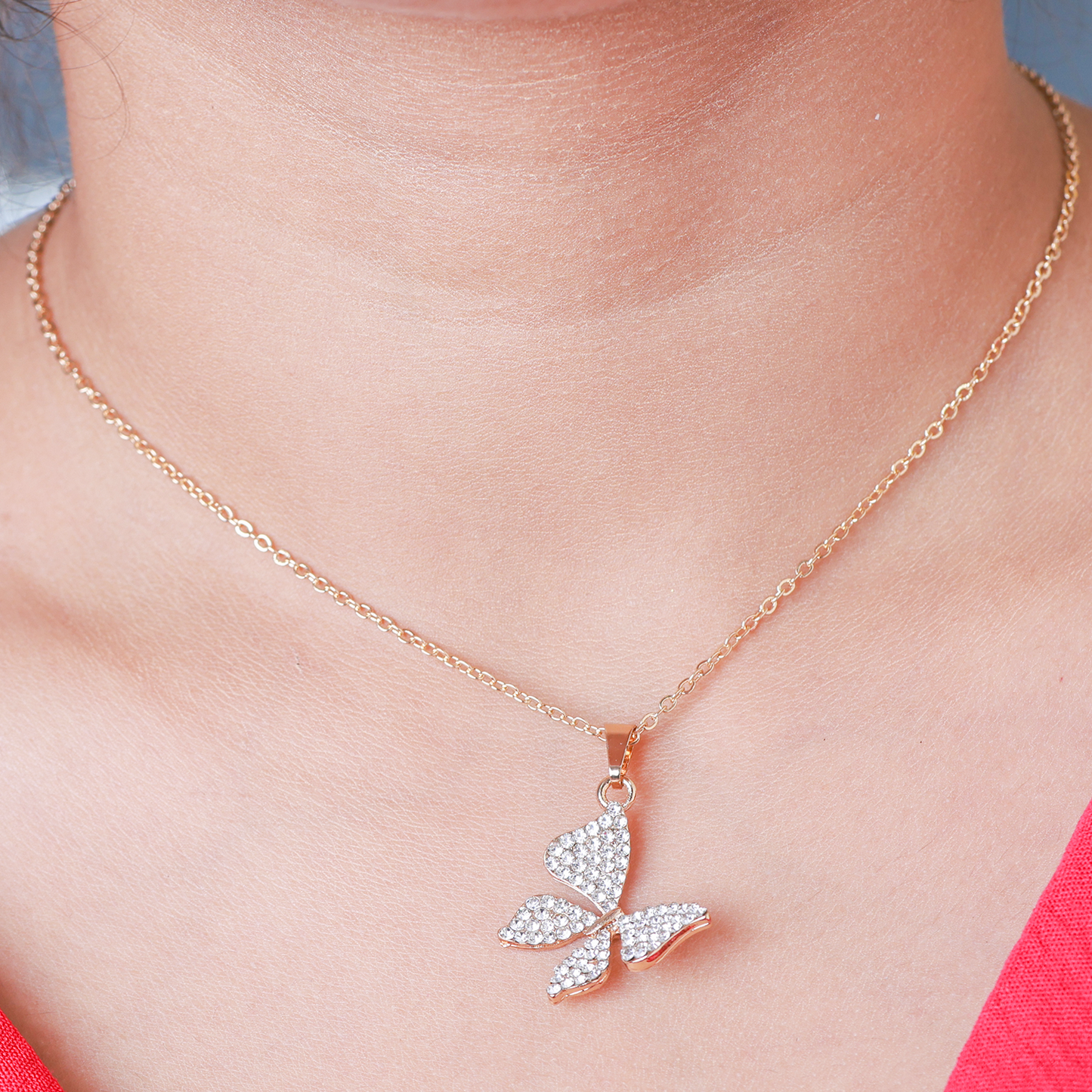 Diamond-Studded Butterfly Pendant Necklace, Gold-Plated Chain